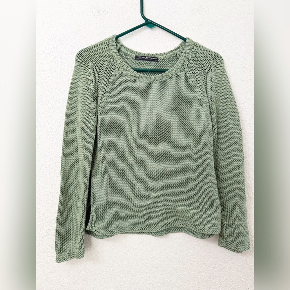 Peruvian Connection Sage Green Fishermans Crew Neck Knit Sweater - XS